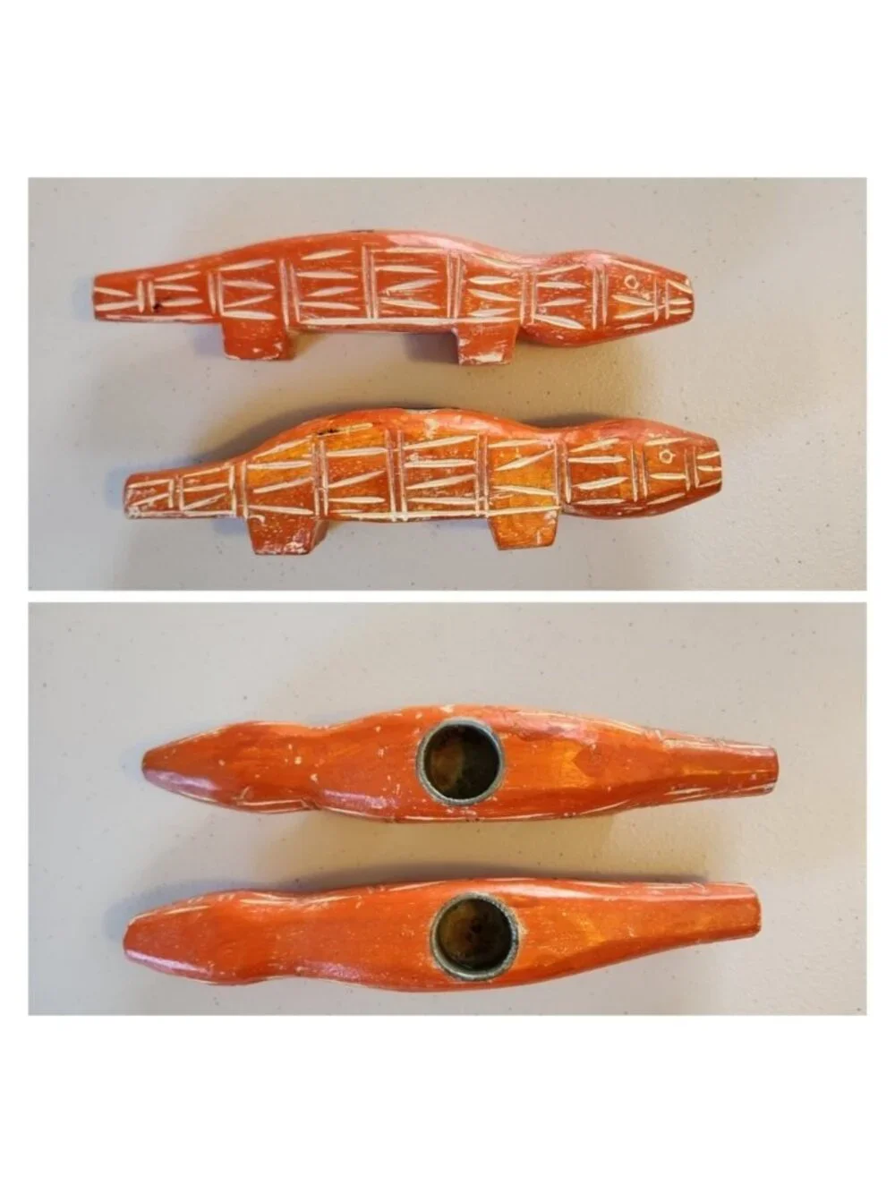 Vintage Pottery Barn Boho Whitewashed Orange Figural Lizard Wood Candle Holders